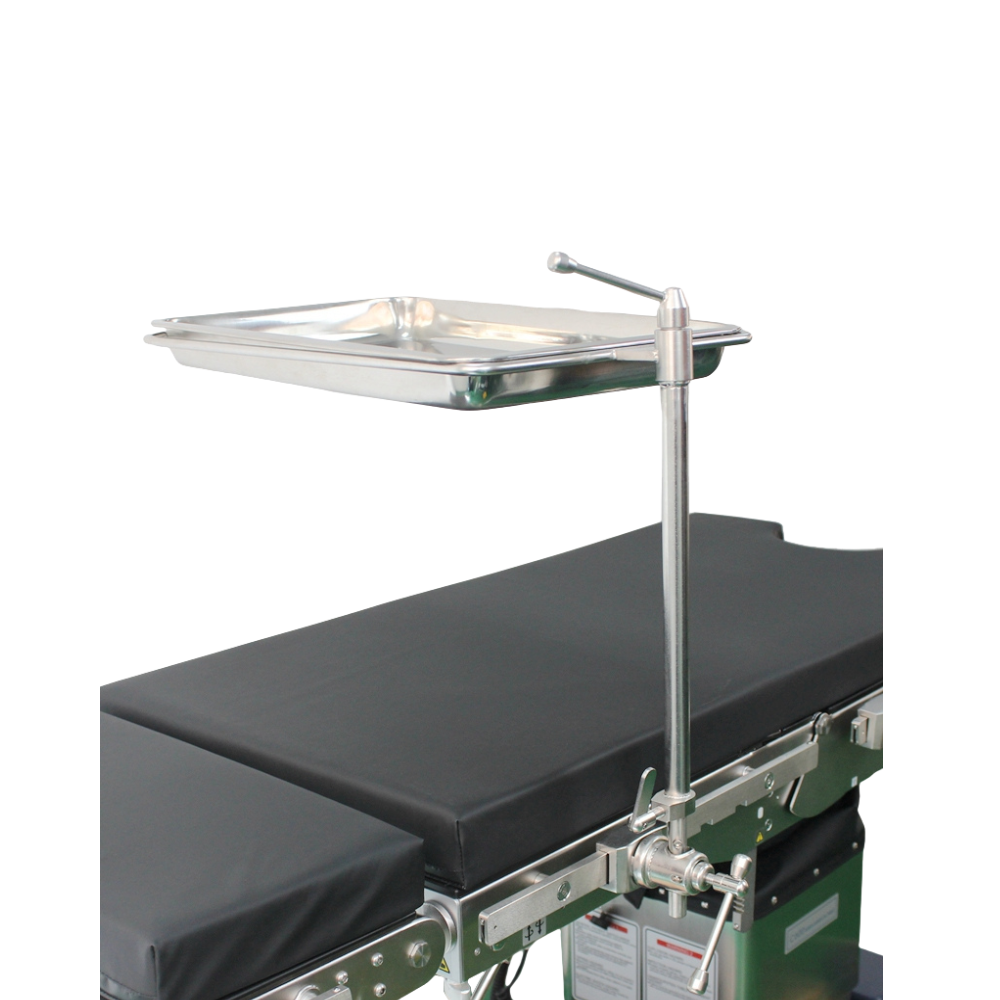 Single post surgical table waste tray and mayo attachment