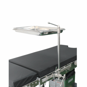 Single post surgical table waste tray and mayo attachment